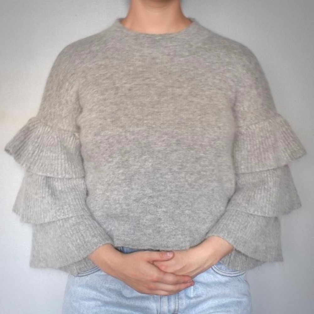 Endless Rose Solid Gray Fuzzy Ruffled Layered Long Sleeve Cropped Sweater